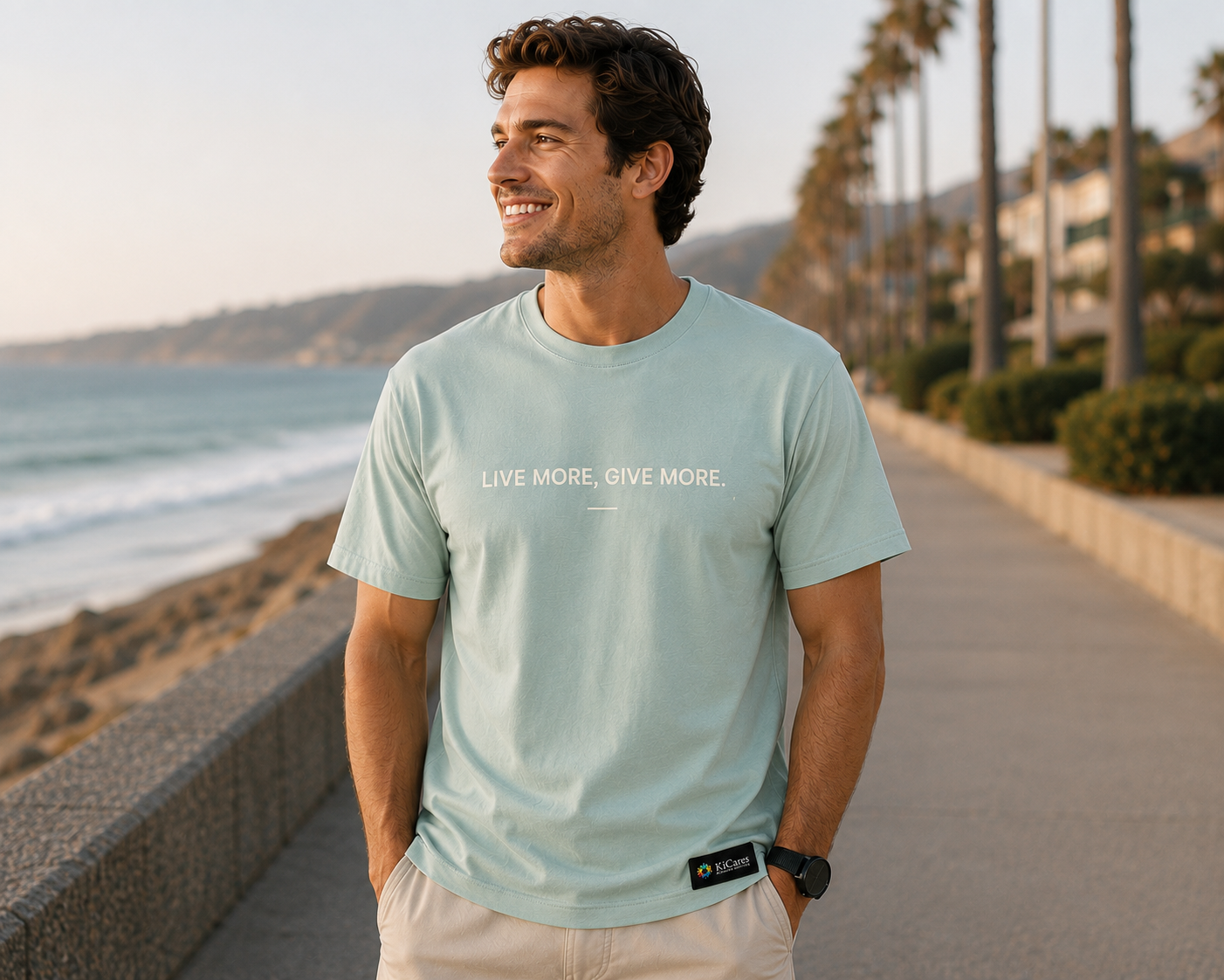 Male model at the beach wearing the KiCares Seafoam tee, front
