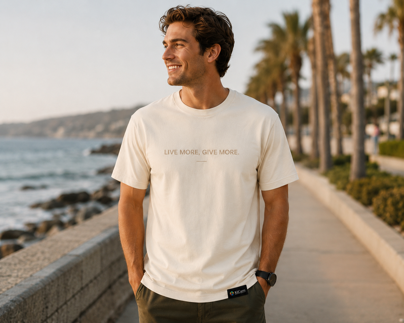 Male model at the beach wearing the KiCares Cream tee, front