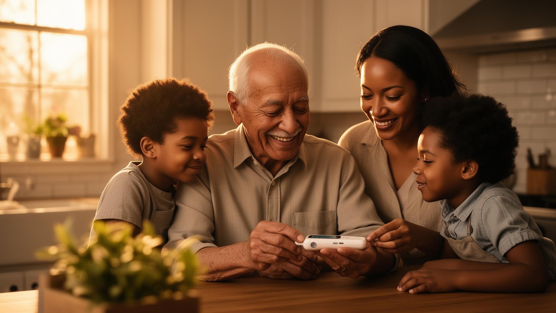 A family supporting their grandfather as he checks his glucose monitor at home