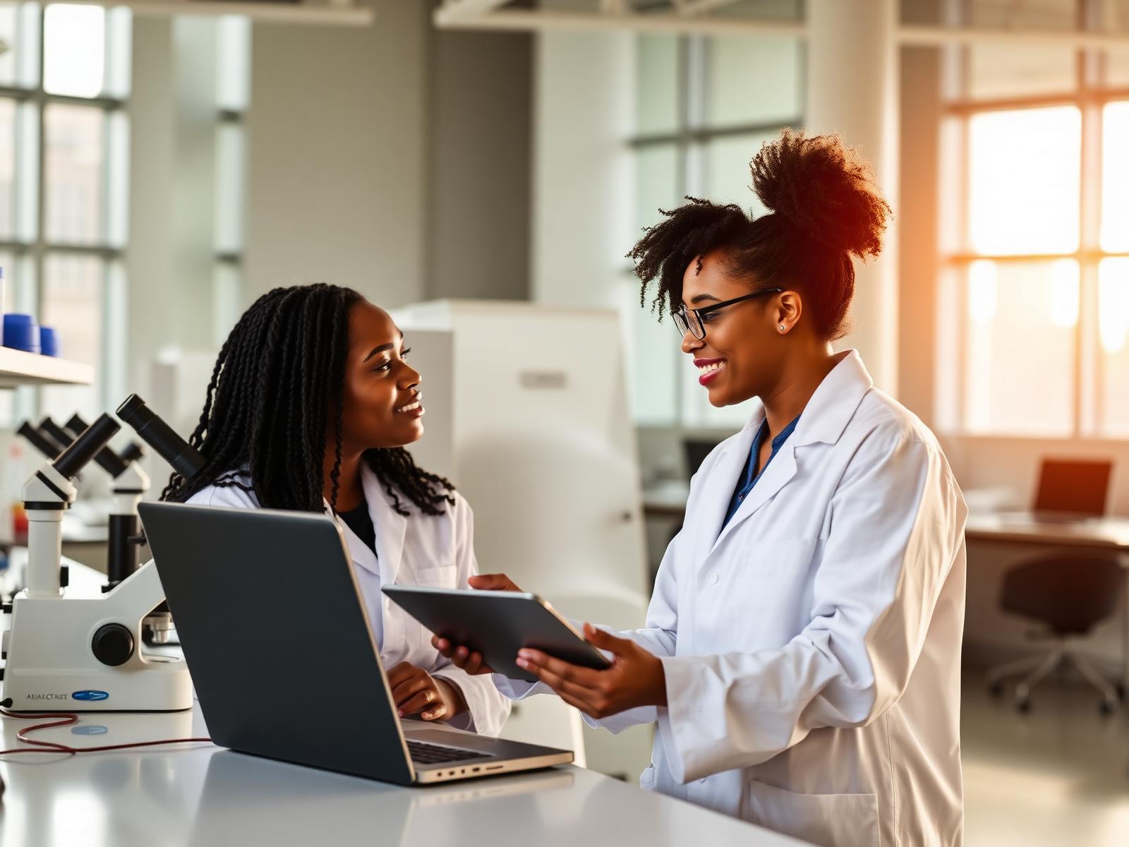 Two researchers collaborating in an academic lab