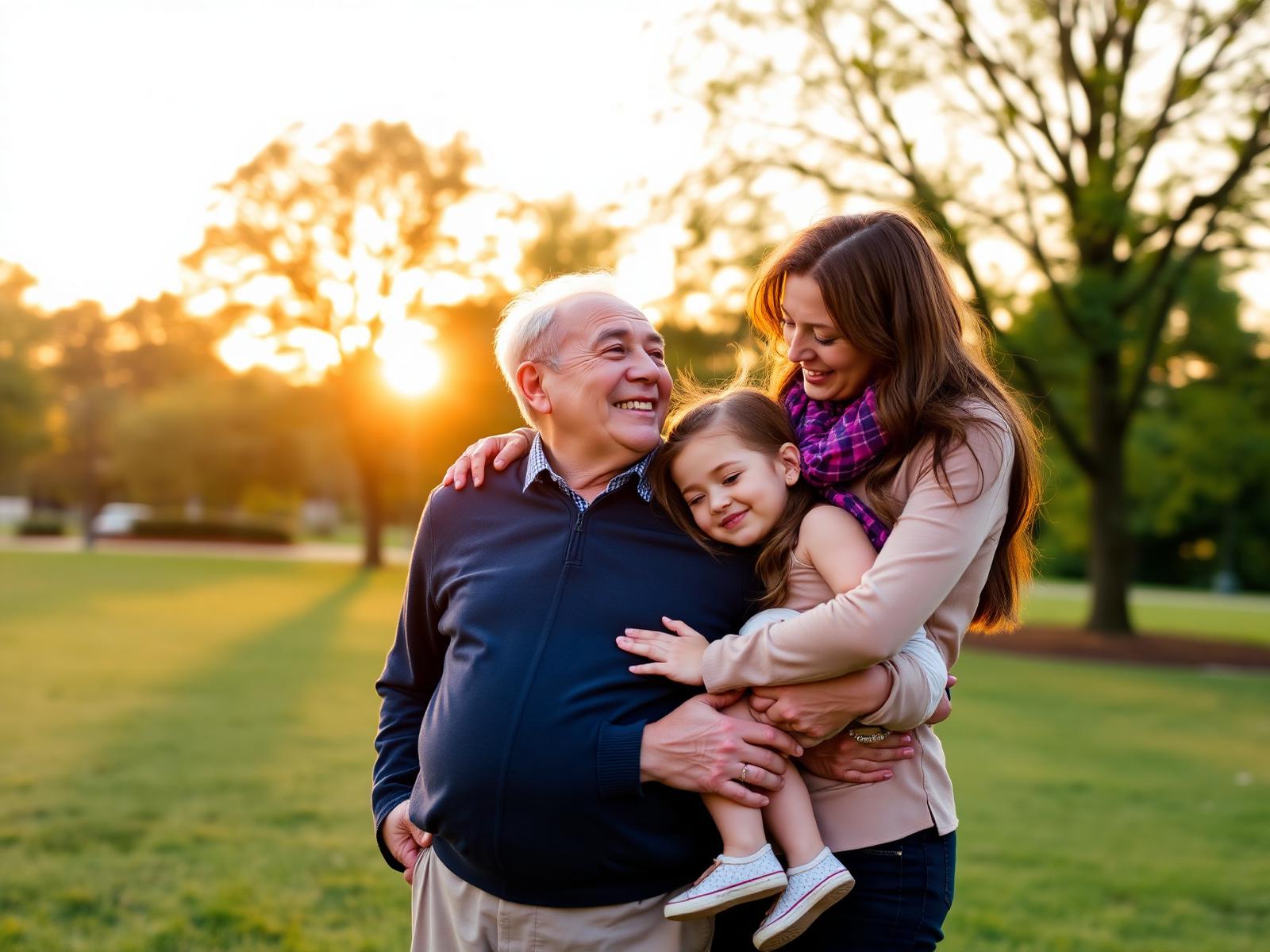 A multigenerational family together at sunset