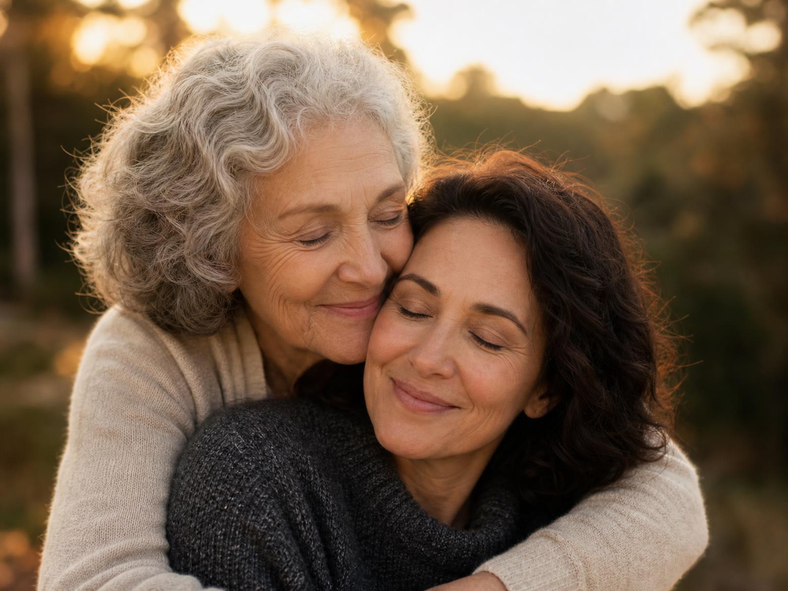 A multi-generational family embracing each other in warm golden-hour light