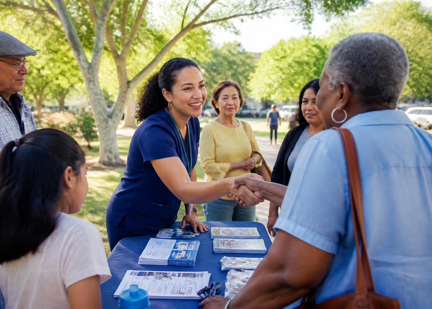 A community health volunteer greeting neighbors at an outdoor health information table