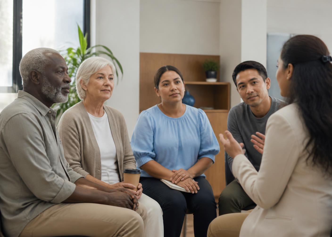 A health educator speaking with a small group of adults in a bright community room