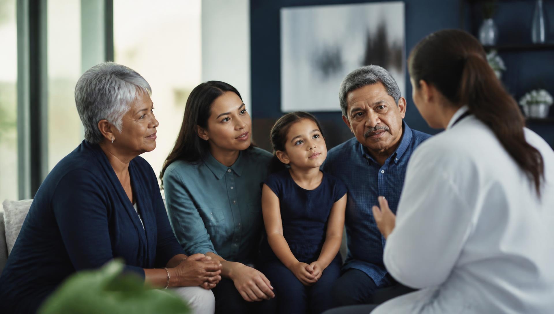 A multigenerational family talking with a clinician in a bright consultation room