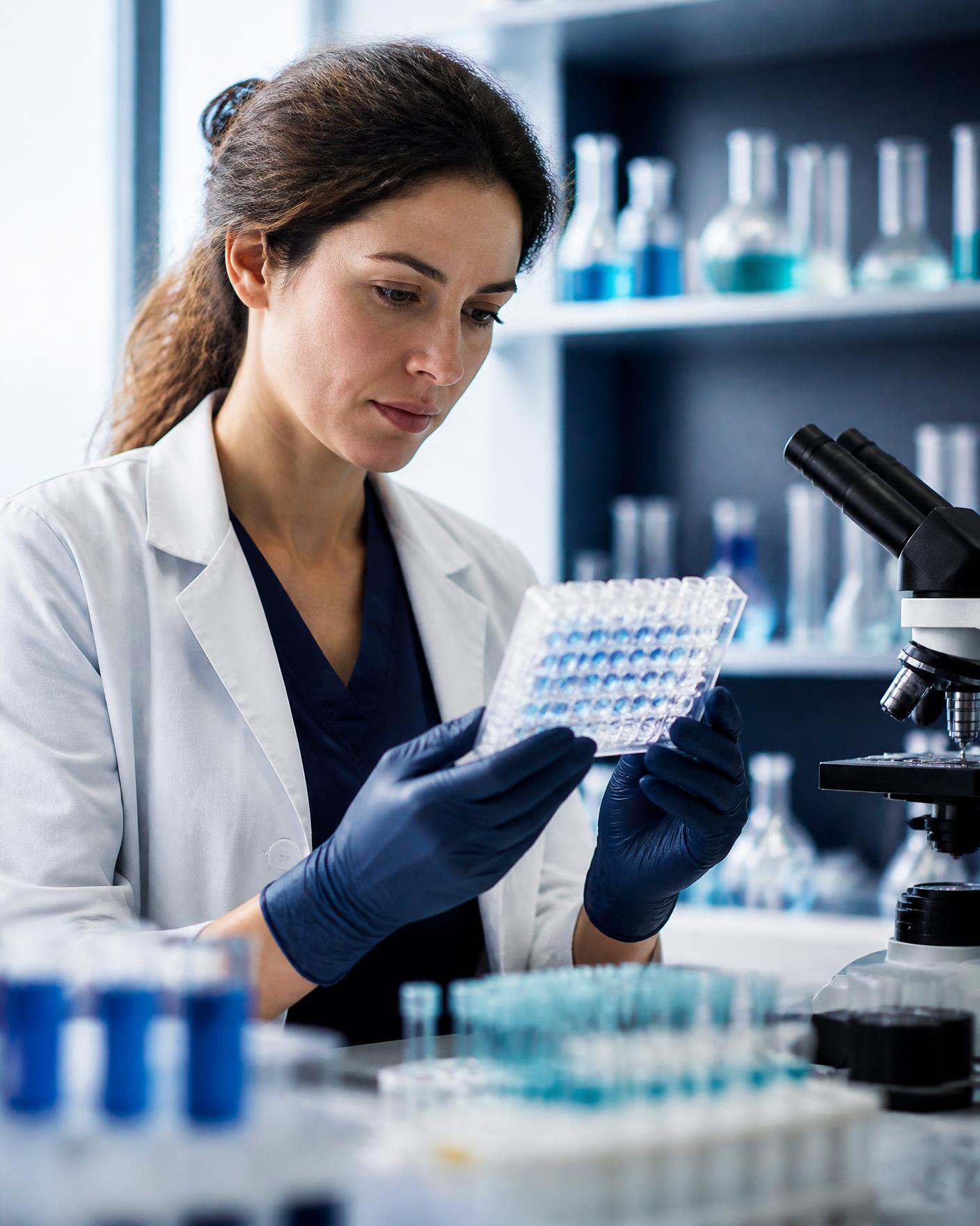 Research scientist examining a microplate in an immunology laboratory